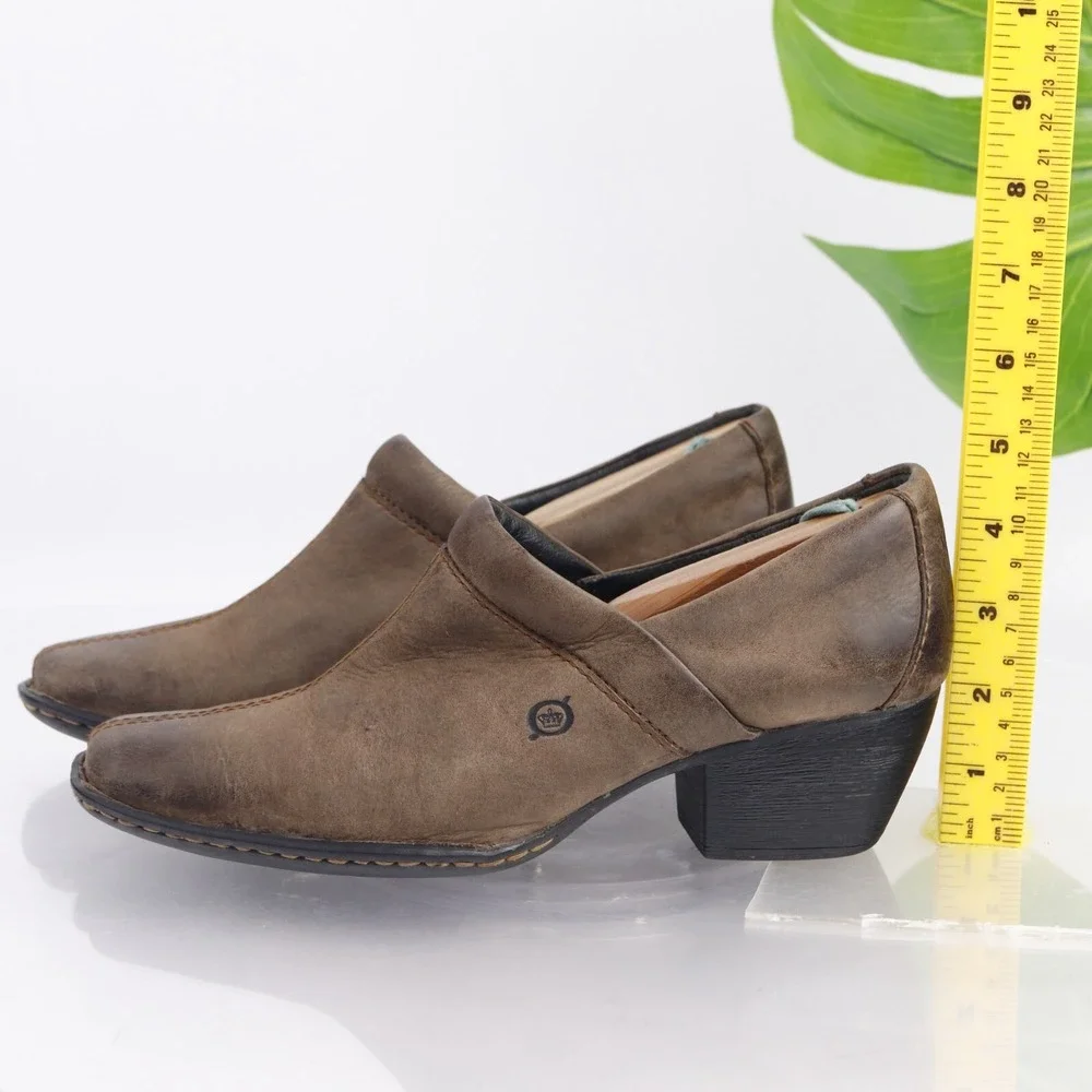 Born Womens Kinney Boot Pump Size 8 Brown Leather Comfort Shoe Block Heel SlipOn